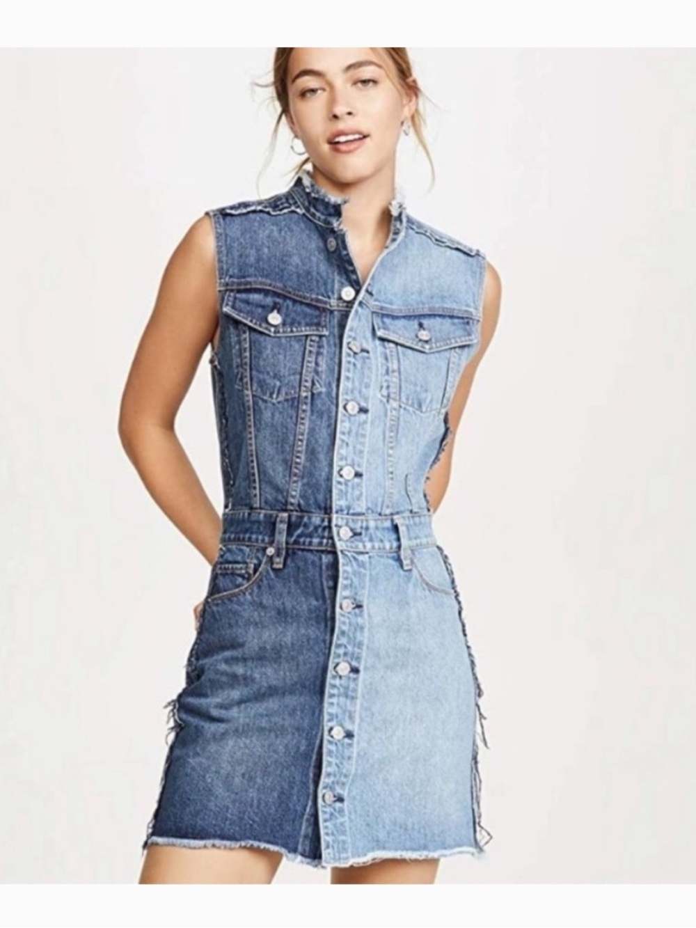 Hudson Jeans Two-Tone Blue Denim Button Front Dress